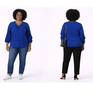 Belle Kim Gravel Womens Small Blue Ruffle Sleeve Blouse V Neck Tie Front NWOT